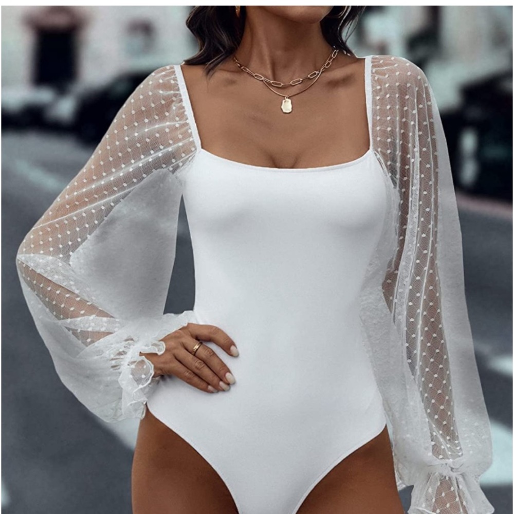 Women's Polka Dots Lace Square Neck Long Sleeve Bodysuit